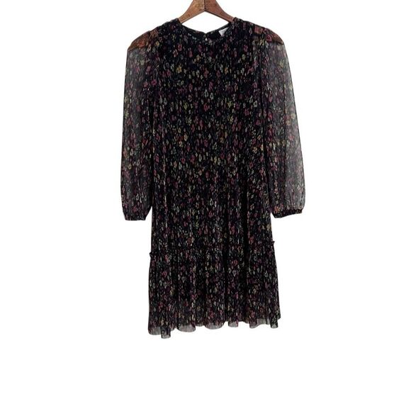 Zara Floral Pleated Sheer Sleeve Keyhole Back Tiered Mini Dress Black Size 11-12 - Picture 2 of 8